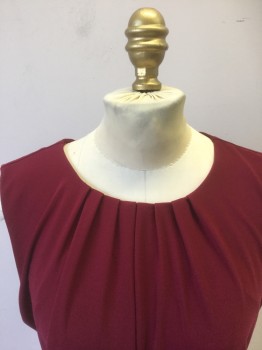 CALVIN KLEIN, Wine Red, Polyester, Solid, Crew Neck, Sleeveless, Pleated Crew Neck, Slit Neck Center Back, with Single Gold Button