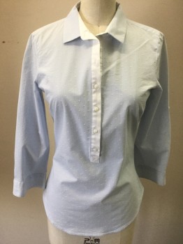 ZARA, White, Lt Blue, Cotton, Spandex, Stripes - Vertical , Polka Dots, Pullover, 3/4 Sleeves, 7 Buttons,  Collar Attached, Stripes with Woven Polka Dots, White Placket