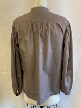 LIZ CLAIBORNE, Taupe, Polyester, Cotton, Solid, Puffed Long Sleeves, Pleated Bib Front, Button Front, Band Collar, Pearl Buttons, 2 Buttons Have Been Replaced, Buttons Different On Sleeves