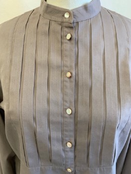 LIZ CLAIBORNE, Taupe, Polyester, Cotton, Solid, Puffed Long Sleeves, Pleated Bib Front, Button Front, Band Collar, Pearl Buttons, 2 Buttons Have Been Replaced, Buttons Different On Sleeves