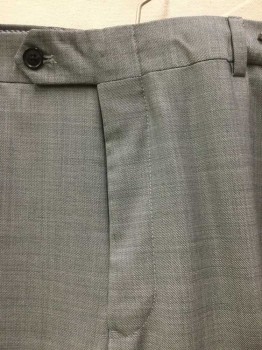 Mens, Slacks, TOMMY HILFIGER , Heather Gray, Wool, Heathered, 35, 38, Heather Gay Micro Woven, Flat Front, Zip Front, 1 Black Button at Waistband Front Center
