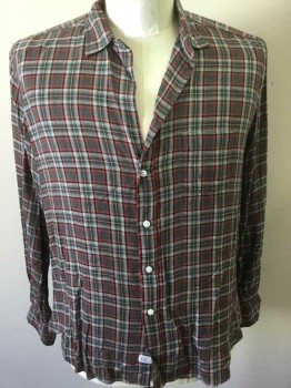 Mens, Casual Shirt, FRANK & EILEEN, Dk Gray, Black, Red, White, Modal, Plaid, L, Long Sleeves, Button Front, 1 Pocket,