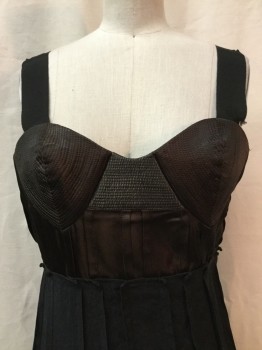 MAX AZRIA , Black, Brown, Synthetic, Elastane, Solid, Brown Bust, Black Ribbon Straps, Sleeveless, Pleated Black Skirt