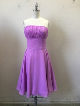 Womens, Cocktail Dress, N/L, Lilac Purple, Polyester, Solid, 2, Poly Chiffon, Strapless Dress. Self Pleated Bustline and Back, Flared Skirt Stitched to Fitted High Waist Band, Zipper Center Back,
