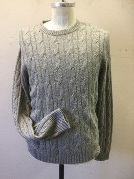 Mens, Pullover Sweater, SAKS FIFTH AVE, Lt Gray, Cashmere, Cable Knit, Large, Crew Neck, Long Sleeves,