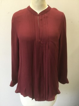 L'AGENCE, Red Burgundy, Silk, Solid, Chiffon, Long Sleeves, Band Collar, 1 Hook & Eye at Center Front Neck, Vertical Pleats Down Center Front and Center Back