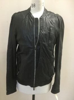 Mens, Leather Jacket, ALL SAINTS, Black, Leather, Solid, L, Zip Front, , Band Collar, Elastic Waist, 3 Pockets Plus Sneaky Designer Napoleon Pocket Center Front,