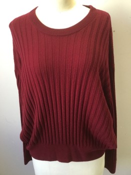 Womens, Pullover, RO, Wine Red, Wool, Solid, XS, Crew Neck, Rib Knit, Long Sleeves,