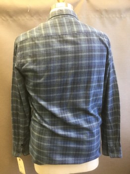 QUICKSILVER, Lt Blue, Navy Blue, Gray, Cotton, Plaid, Long Sleeves, Button Front, Collar Attached, 2 Pockets,