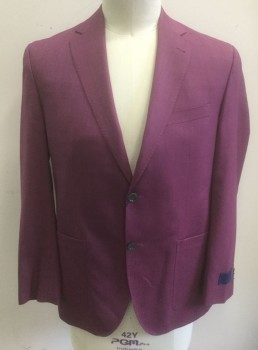 DAVID DONAHUE, Purple, Wool, Birds Eye Weave, Berry Pinkish-Purple Hue with Dotted Weave, Single Breasted, Notched Lapel, 2 Buttons, 3 Pockets Including 2 Large Patch Pockets at Hips,  Hand Picked Stitching at Lapel, Gray Lining