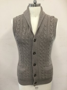 Mens, Sweater Vest, LINCS, Taupe, Cashmere, Solid, Cable Knit, M, Cardigan Vest, Shawl Collar, 5 Buttons, Cable Knit Front,. Ribbed Knit Armholes/Waistband