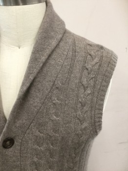 Mens, Sweater Vest, LINCS, Taupe, Cashmere, Solid, Cable Knit, M, Cardigan Vest, Shawl Collar, 5 Buttons, Cable Knit Front,. Ribbed Knit Armholes/Waistband