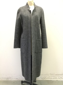 ZARA, Heather Gray, Wool, Polyester, Solid, Open Front, Band Collar, 2 Pockets, Below Knee Length, Slit Cuffs