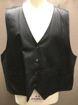 Mens, Leather Vest, VERANESI, Black, Leather, Solid, 4XL, Snap Front, 2 Pockets, Satin Back, Elastic Back Smocked Waist