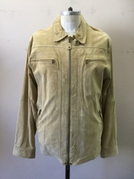 Mens, Leather Jacket, TERRITORY AHEAD, Cream, Leather, Solid, Ch 40, Suede, Zip Front, 4 Zip Pockets, Long Sleeves, Yoke, Collar Attached with Snap Tab Closure