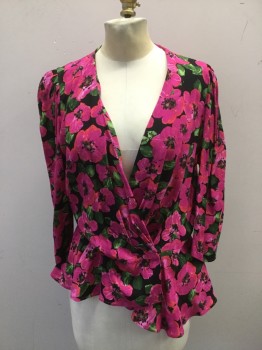 ZARA, Black, Hot Pink, Green, Red, Polyester, Floral, Deep Cross Over V.neck, Snap Front Closure, Peplum Lower, 3/4 Sleeves