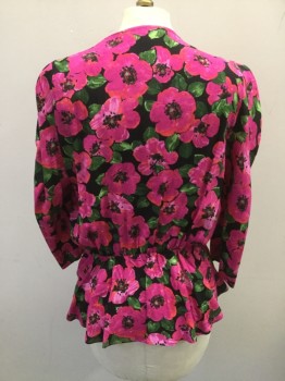 Womens, Blouse, ZARA, Black, Hot Pink, Green, Red, Polyester, Floral, M, Deep Cross Over V.neck, Snap Front Closure, Peplum Lower, 3/4 Sleeves