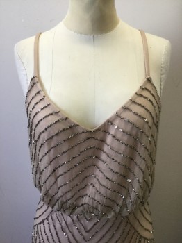 ADRIANNA PAPELL, Lt Beige, Gray, Metallic, Beaded, Polyester, Stripes, Sheer Net with Gray Metallic Bugle Beaded and Sequinned Stripes in Various Directions, Opaque Beige Underlayer, Spaghetti Straps, Floor Length Hem