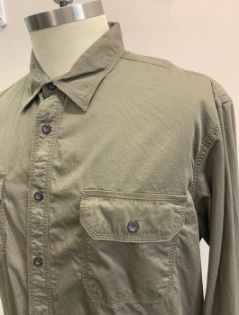 OUTDOOR LIFE, Olive Green, Cotton, Solid, Long Sleeve Button Front, Collar Attached, 2 Patch Pockets with Button Flap Closures