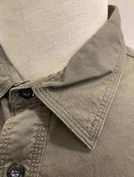 OUTDOOR LIFE, Olive Green, Cotton, Solid, Long Sleeve Button Front, Collar Attached, 2 Patch Pockets with Button Flap Closures