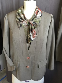 Womens, 1990s Vintage, Suit, Jacket, YIN HWA, Olive Green, Black, Polyester, Cotton, W: 36, B: 40, Deep V-neck, Single Breasted, 2 Large Brown Button Front, Long Sleeves, 2 Pockets with Flap, with Olive/orang/brown/rust/lt Grey Abstract Floral Print Peeping Front, Blouse Like  Attached( Collar Attached with Self Bow, Brown Button), with Matching Skirt