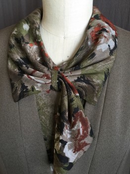 Womens, 1990s Vintage, Suit, Jacket, YIN HWA, Olive Green, Black, Polyester, Cotton, W: 36, B: 40, Deep V-neck, Single Breasted, 2 Large Brown Button Front, Long Sleeves, 2 Pockets with Flap, with Olive/orang/brown/rust/lt Grey Abstract Floral Print Peeping Front, Blouse Like  Attached( Collar Attached with Self Bow, Brown Button), with Matching Skirt
