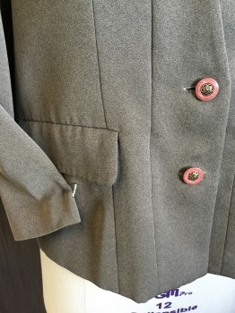 YIN HWA, Olive Green, Black, Polyester, Cotton, Deep V-neck, Single Breasted, 2 Large Brown Button Front, Long Sleeves, 2 Pockets with Flap, with Olive/orang/brown/rust/lt Grey Abstract Floral Print Peeping Front, Blouse Like  Attached( Collar Attached with Self Bow, Brown Button), with Matching Skirt