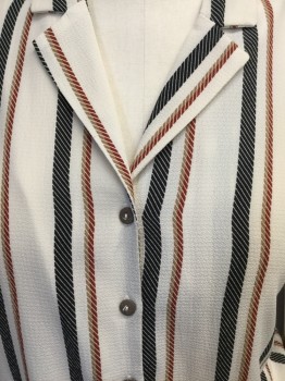 MONTAU, Cream, Black, Brick Red, Tan Brown, Polyester, Spandex, Stripes, Button Front, Long Sleeves, Wide Cuff, Notched Collar Attached, Tie Front