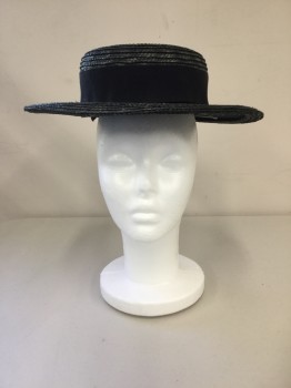 NL, Black, Straw, Silk, Mottled, Solid, Muted Black Straw Boater with Black Gross grain Band,