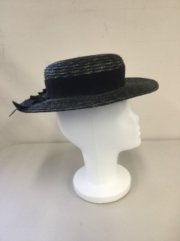 NL, Black, Straw, Silk, Mottled, Solid, Muted Black Straw Boater with Black Gross grain Band,