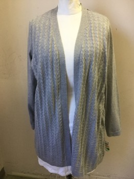 KAREN SCOTT, Lt Gray, Rayon, Polyester, Solid, Novelty Knit Front, Open Front, Long Sleeves, Long