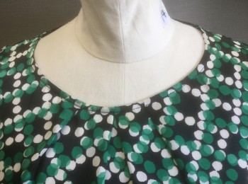 NINE WEST, Black, Emerald Green, White, Polyester, Abstract , Abstract Circles Pattern, Sleeveless, Wide Scoop Neck, Pleated at Neckline
