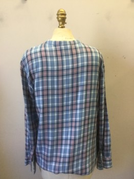 SOFT, Lt Blue, Navy Blue, Cream, Pink, Rayon, Plaid, Button Front, V-neck, Collar Band, Long Sleeves,