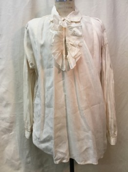 MBA LTD, Cream, Linen, Solid, Cream, Open Ruffle Center Front, Long Sleeves, Collar Attached with Buttons