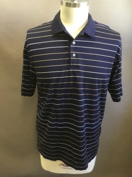 JOS A. BANK, Navy Blue, White, Khaki Brown, Cotton, Stripes, Navy with Horizontal White/Khaki Stripes, Short Sleeves, Solid Navy Ribbed Knit Collar Attached
