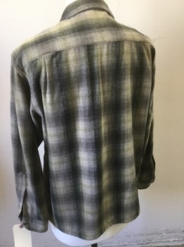 PENDLETON, Charcoal Gray, Khaki Brown, Moss Green, Wool, Plaid, Long Sleeves, Button Front, Collar Attached, 2 Pockets,