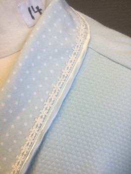CHARTER CLUB, Lt Blue, White, Cotton, Polyester, Solid, Polka Dots, Bumpy Textured Cotton Jersey, Shawl Lapel with Polka Dot Pattern, White Tiny Flower Lace Trim, Long Sleeves, 2 Patch Pockets, **With Matching Sash Belt
