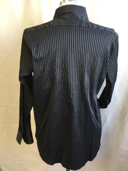 Mens, Casual Shirt, VENEZZI, Black, Silver, Cotton, Spandex, Stripes - Vertical , Stripes - Diagonal , XL, Long Sleeves, Button Front, Collar Attached, Panels of Stripes in Different Directions
