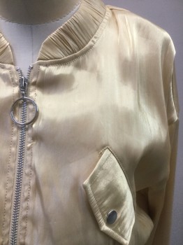 Womens, Casual Jacket, GUESS, Champagne, Polyester, Solid, S, Silver Zip Front, 2 Snap Pockets, Shiny