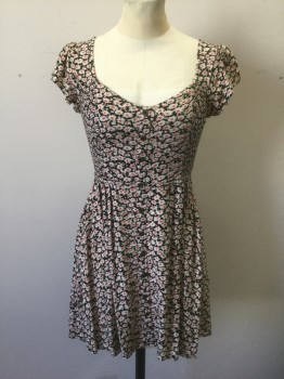 Womens, Dress, Short Sleeve, KIMCHI BLUE, Black, Ecru, Pink, Rayon, Floral, XS, Black with Busy Ecru and Pink Flowers Pattern, Cap Sleeve, Plunging Angled Square/V Neck Line, Smocked at Side and Back Waist, Buttons Down Front, Mini Length