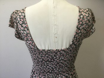 Womens, Dress, Short Sleeve, KIMCHI BLUE, Black, Ecru, Pink, Rayon, Floral, XS, Black with Busy Ecru and Pink Flowers Pattern, Cap Sleeve, Plunging Angled Square/V Neck Line, Smocked at Side and Back Waist, Buttons Down Front, Mini Length