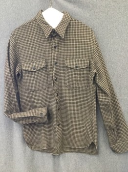 RALPH LAUREN, Dk Brown, Khaki Brown, Wool, Grid , Long Sleeves, Collar Attached, 2 Pockets with Button Down Flaps
