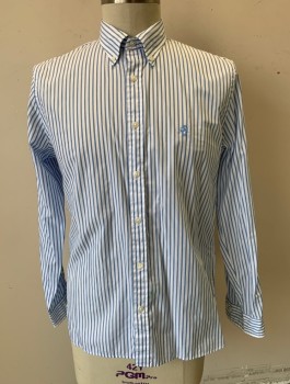 BROOKS BROTHERS, White, Lt Blue, Cotton, Stripes - Vertical , Long Sleeve Button Front, Collar Attached, Button Down Collar, Light Blue Logo Embroidered on Chest