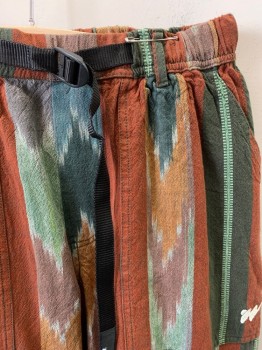 Mens, Casual Pants, WITHOUT WALLS, Burnt Orange, Forest Green, Mint Green, Cotton, Color Blocking, Abstract , W30-33, M, Faux Fly Front, Elastic Waist, Side Bar Buckle, Wrap Around Side Pockets with Velcro