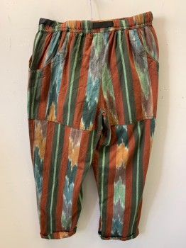 WITHOUT WALLS, Burnt Orange, Forest Green, Mint Green, Cotton, Color Blocking, Abstract , Faux Fly Front, Elastic Waist, Side Bar Buckle, Wrap Around Side Pockets with Velcro