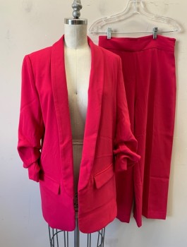 Womens, Suit, Jacket, ZARA, Fuchsia Pink, Polyester, Viscose, Solid, S, Crepe, Ruched 3/4 Sleeves (Scrunched Up Ends), Shawl Lapel, Open Center Front with No Closures, Padded Shoulders, 2 Flap Pockets, Black Lining