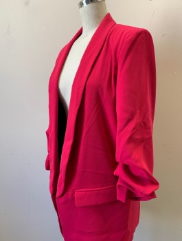 Womens, Suit, Jacket, ZARA, Fuchsia Pink, Polyester, Viscose, Solid, S, Crepe, Ruched 3/4 Sleeves (Scrunched Up Ends), Shawl Lapel, Open Center Front with No Closures, Padded Shoulders, 2 Flap Pockets, Black Lining