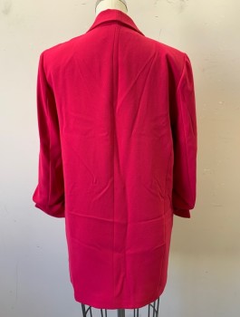 ZARA, Fuchsia Pink, Polyester, Viscose, Solid, Crepe, Ruched 3/4 Sleeves (Scrunched Up Ends), Shawl Lapel, Open Center Front with No Closures, Padded Shoulders, 2 Flap Pockets, Black Lining