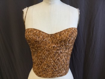 THE LIMITED, Burnt Umber Brn, Brown, Ecru, Off White, Silk, Novelty Pattern, Self Diamond Quilt, Bra Top with Tiny Spaghetti Straps, Hook & Eye Back