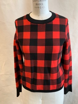 SANDRO, Red, Black, Synthetic, Plaid, Thick, Buffalo Plaid, Black Ribbed Knit Crew Neck/Waistband/Cuff, Size 2 Label Inside
